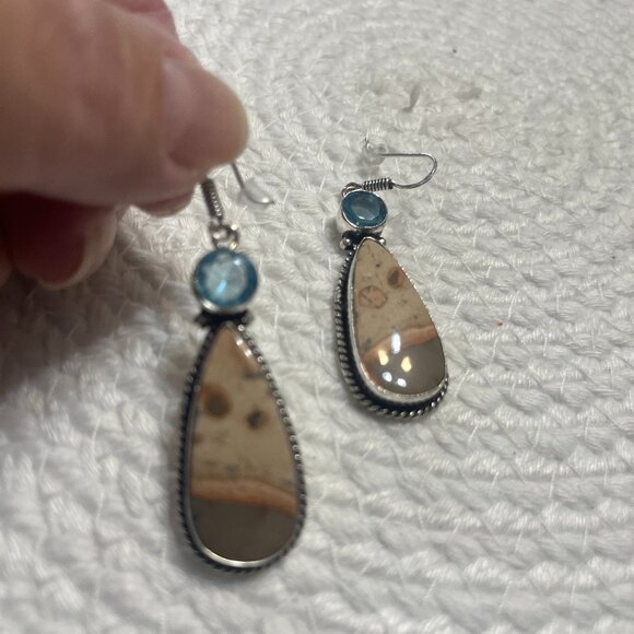Stunning LEOPARD SKIN JASPER 7 BLUE TOPAZ Handmade Sterling 925 Earrings #397D - Picture 1 of 3